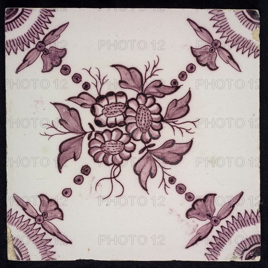 Ornament tile, flowers, around leaf work, corner motif quarter rosette, wall tile tile sculpture ceramic earthenware glaze