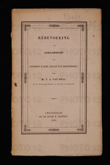 Gartman, de erven H., HALL, Mr. FA. FROM. speech in memory of Gysbert Karel Graaf van Hogendorp, old-print book information form