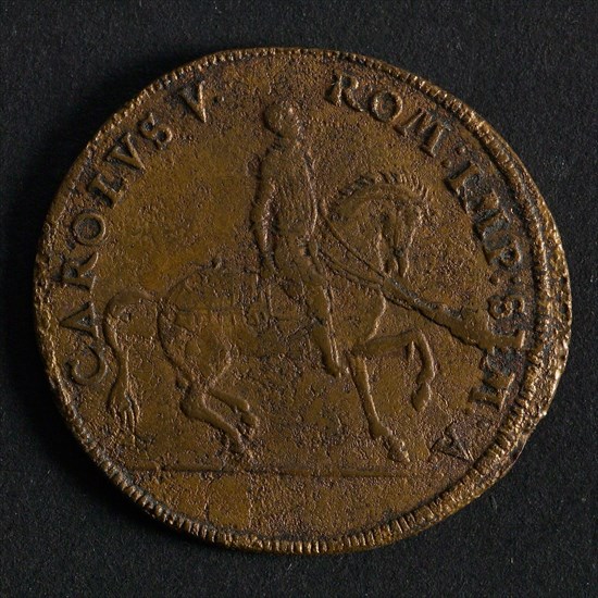 Medal Karel V, jeton use fee penny swap soil find? copper, king on horseback omschrift: CAROLVS V - ROM: IMP: SEM: - archeology