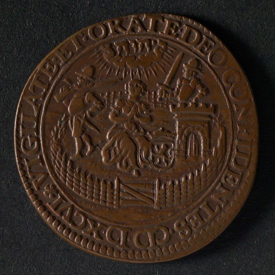 Medal on the threat of Zeeland by Albert of Austria, jeton utility medal medal exchange copper, Spanish and Staatse armies