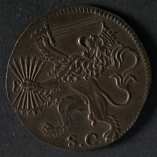 Medal on the alliance with France and England against Spain, jeton utility medal medal exchange copper, Dutch lion with sword