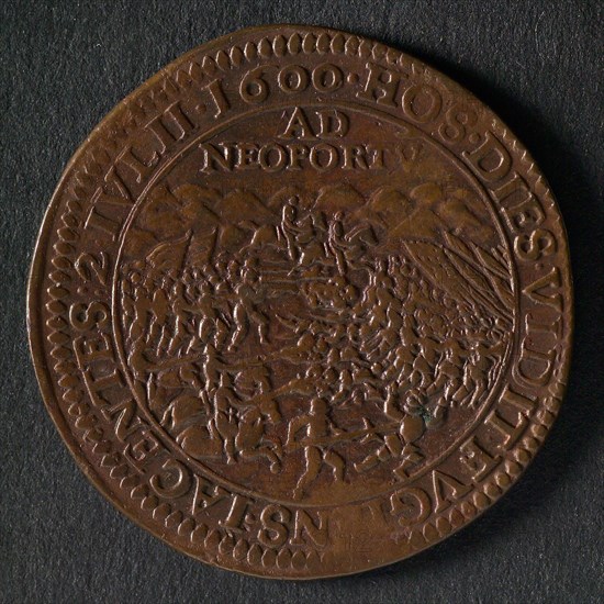 Medal at the battle of Nieuwpoort, jeton utility medal medal exchange copper, image of the battle in the dunes omschrift: HOS