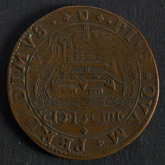 Medal on the surrender of Ostend, jeton utility medal medal exchange buyer, view of city Sluis in cut-off weapon region Utrecht