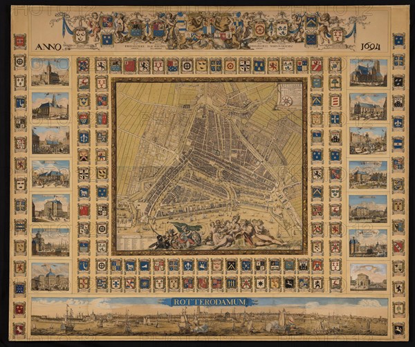 Johannes de Vou, Colored print, without frame, Rotterdam map by Johannes de Vou, map map information form print picture material