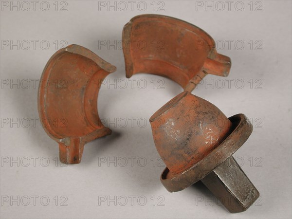 Three parts of four-piece bronze mold for cup of children's service, cast molding tool tools base metal bronze, cast turned Four