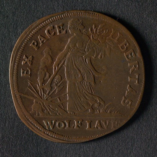 Wolf Laufer, Calculation medal, jeton use medal penny swap copper, dolphin swimming to the right; hand coming from the cloud