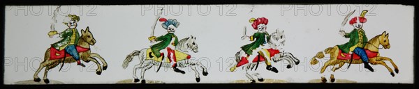 Hand-painted lantern plate with four Oriental horsemen, slide slide slide picture glass paper, Hand-painted slide with top