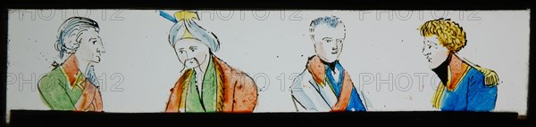 Hand-painted lantern plate with four men in uniform, slide slide diapositive footage glass paper, Hand-painted slide