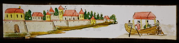 Hand-painted lantern plate with city and boat, slideshelf slideshare images glass paper, Hand-painted slides with top and bottom