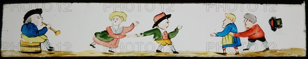 Hand-painted lantern plate with dancing people, slide plate slideshope images glass paper, Hand-painted slides with top
