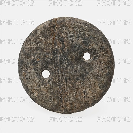 Play disc with two holes and notches on both sides, disc game ground find lead metal, cast Round twice pierced archeology