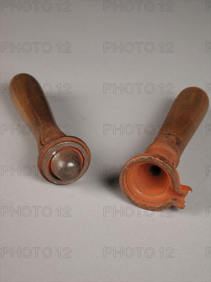 Two-piece bronze mold for lid of small jug, cast molding tool tools base metal bronze wood iron, cast molded Two-piece bronze