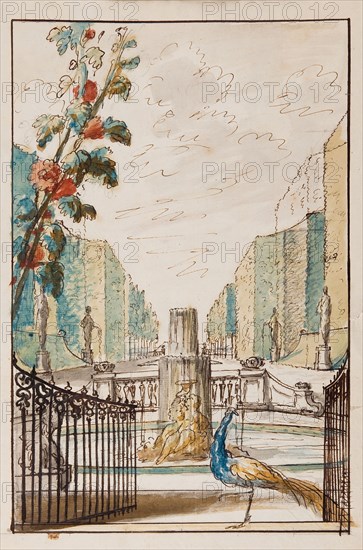 Atelier Van Nijmegen, Design for wallpaper, palace garden with fountain, in the foreground peacock, design drawing