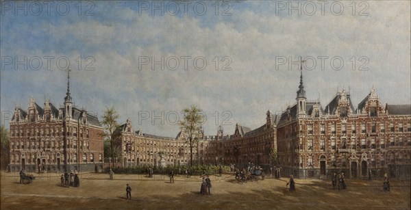 Petrus Gerardus Vertin, View of the Koningin Emmaplein in Rotterdam with figures, cityscape painting of canvas linen oil paint