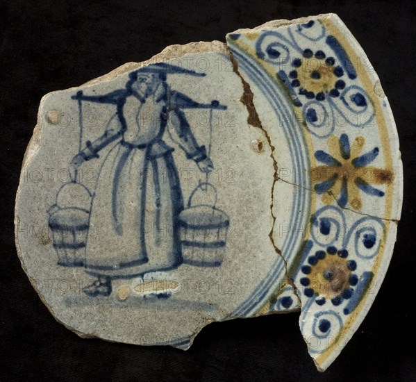 Majolica plate with woman with buckets on yoke, colored border, plate dish crockery holder soil find ceramic pottery glaze tin