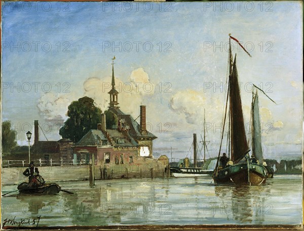 Johan Barthold Jongkind, View of the Ooster Oudehoofdpoort, cityscape painting of canvas linen oil paint, Oil on canvas