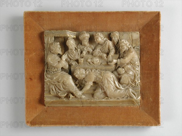Relief Christ anointed by the sinner, relief sculpture sculpture alabaster gold wood velvet relief, Luke 7: 36