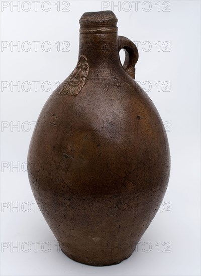 Large stoneware Bartmann jug, also called Bellarmine jug, brown with an ear and dotted in the baking figure 2, bearded hand jug