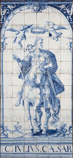 tile manufacturer: Valckenhoff (Valkenhoff), Abraham Pietersz., Blue tile picture with Julius Caesar on horseback, tile picture