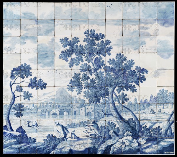 tile manufacturer, tegelpainter: Cornelis Boumeester (Rotterdam 1652 - Rotterdam 1733), Blue tile picture, hunting scene, tile