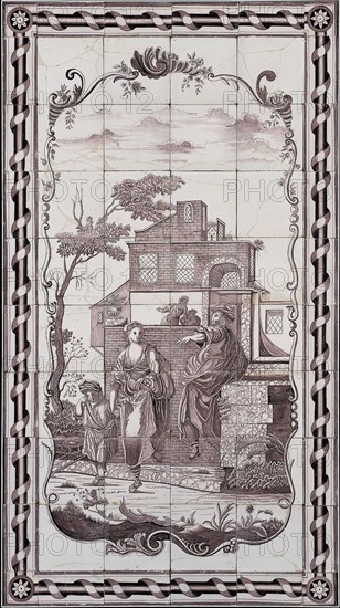 tile manufacturer: atelier J. Aalmis, Verwijk (1790 - 1843), Purple tile picture in metal frame, man (Abraham), wife, Hagar