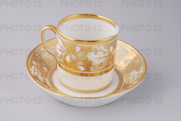 White cup and saucer with gold colored band with acorn and leaf decoration, cup and saucer drinking utensils tableware holder