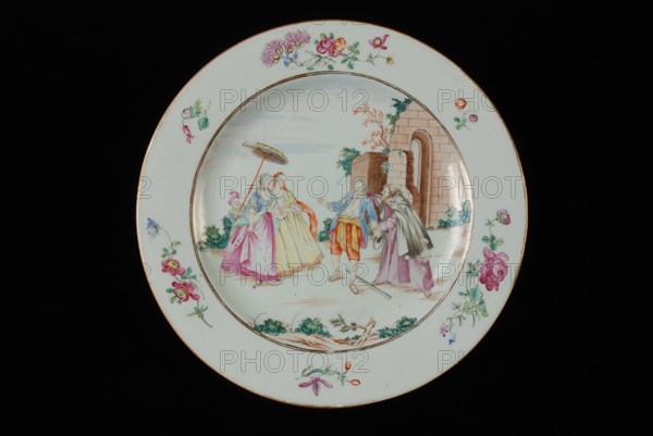 White plate with two women, child with umbrella and two men, plate crockery holder ceramic porcelain glaze, baked glazed painted