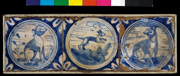 Tile field, three tiles, blue on white, animal in circle, with quarter rosette, saving technique, tile field wall tile tile