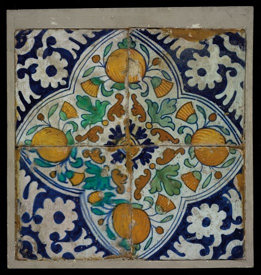 Tile field, four ornament tiles, diagonal decor, orange, blue and green on white, orange apples in quarter quad, tile field wall