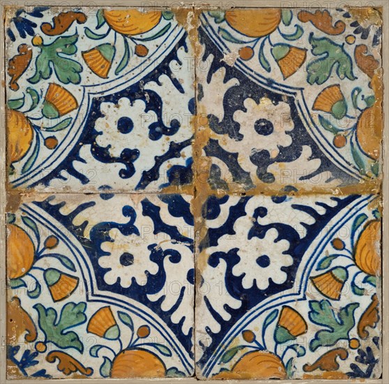 Tile field, four ornament tiles, diagonal decor, orange, blue and green on white, orange apples in quarter quad, tile field wall