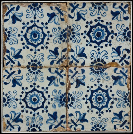 Tile field, tile, four ornament tiles, central decor without frame, blue on white, rosettes, corner pattern lily, tiled field