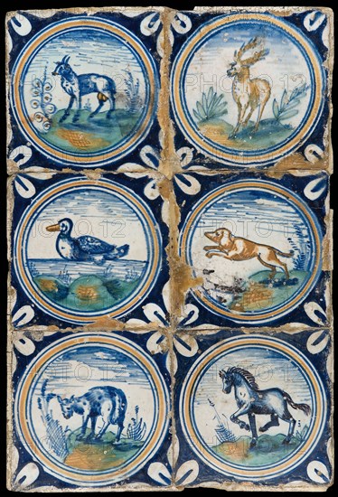 Tile field, six tiles, animal decor, orange, green and blue on white, including deer, duck, dog and horse, in circle with