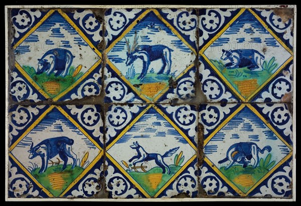 Tile field, six tiles, with animal decor in squared, orange, yellow, green and blue on white, including deer and two dogs, one