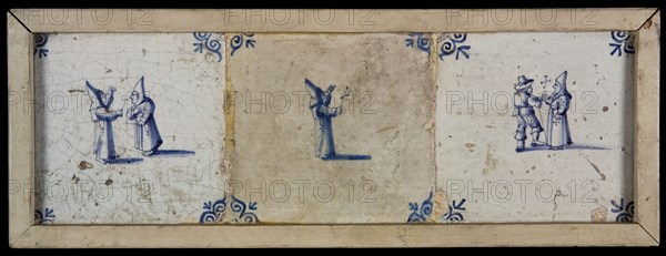 Tile field, three tiles, blue on white, two monks with cross in pipe, monk with cross in pipe, monk with cross in his legs