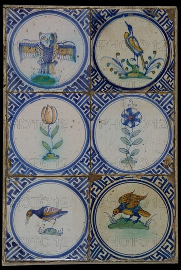 Tile field, six tiles, flower or bird in circle, orange, yellow, blue and green on white, corner motif meander, tiled field wall