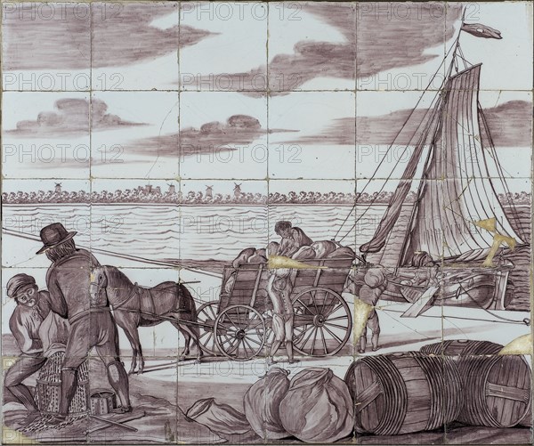 Verwijk, Purple tile picture, loading ship with grain, tile picture material ceramics pottery glaze wood, baked 2x glazed