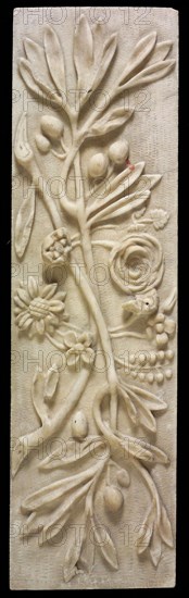 White rectangular relief, with two mistletoe branches and spreading flowers, relief marble stone, fireplace