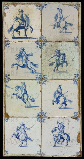 Tile field, eight tiles, blue on white, riders, corner motifs ox's head, tiled field wall tile tile sculpture ceramic