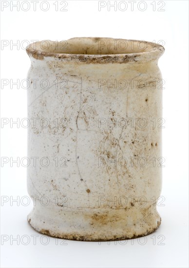 Pottery ointment jar, cylindrical, two shallow constrictions, white glazed, ointment jar pot holder soil finds ceramic