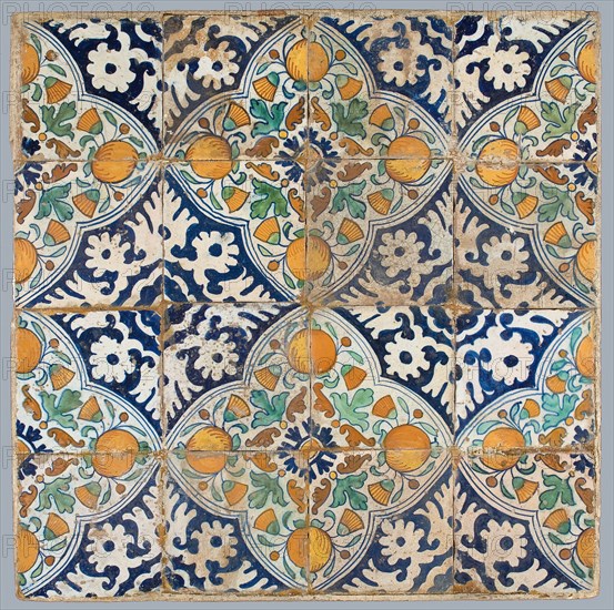 Tile field, four high, four wide, four ornament tiles, diagonal decor, orange, blue and green on white, orange apples in quarter