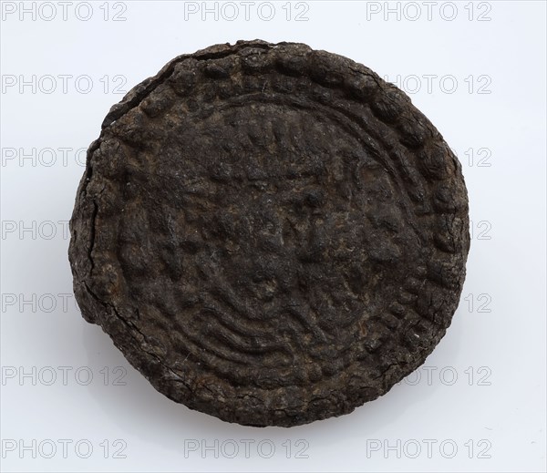Fibula or mantle pin, disc fibula with portrait and edge lettering, fibula fastener soil find bronze tin metal, cast struck