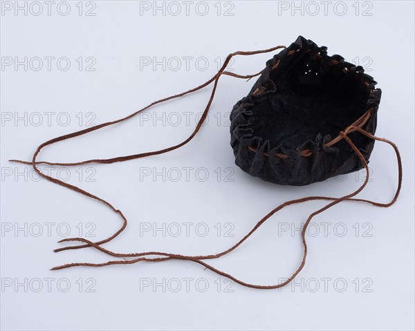 Leather money bag with new laces in the holes, money pouch holder soil find leather, tanned cut Small money pouch