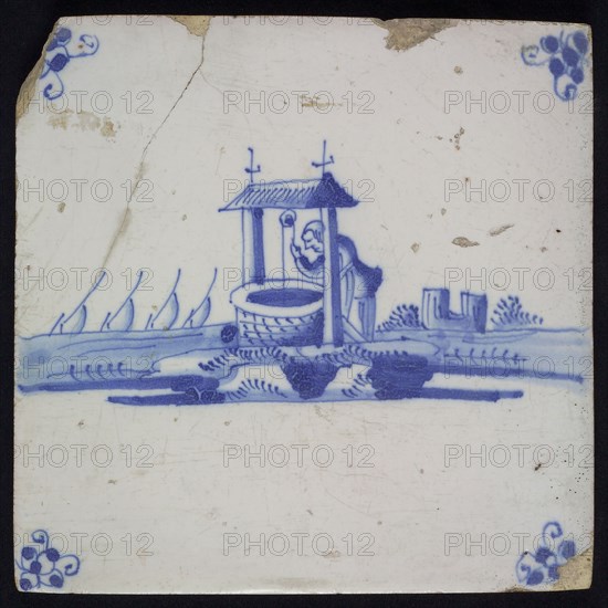 Scene tile, well with putting man, blue decor on white ground, corner fill spider, wall tile tile image ceramics pottery glaze