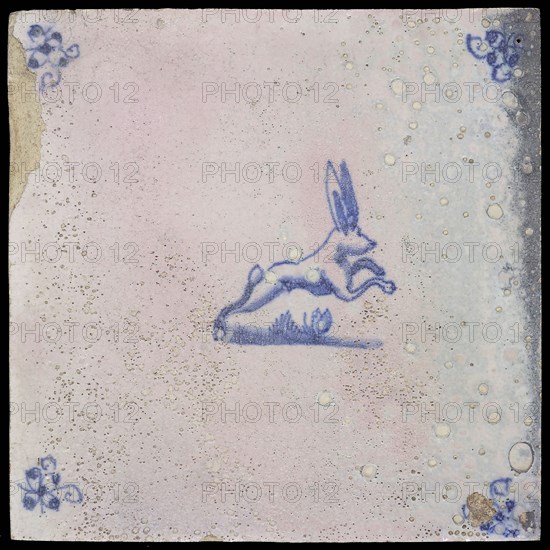 Animal tile, jumping rabbit, blue decor on white background, corner filling spider, wall tile tile sculpture ceramic pottery