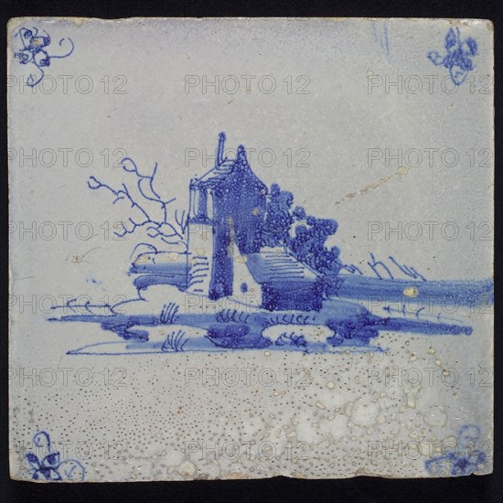 Scene tile, landscape tile with house, blue decor on white ground, corner fill spider, wall tile tile sculpture ceramic