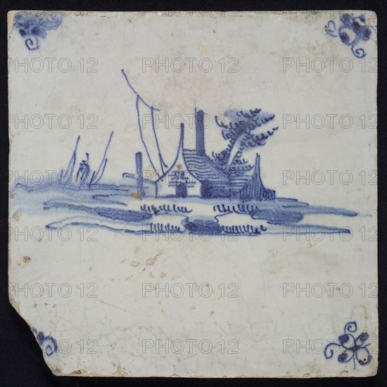 Scene tile, landscape tile with house, blue decor on white ground, corner fill spider, wall tile tile sculpture ceramic