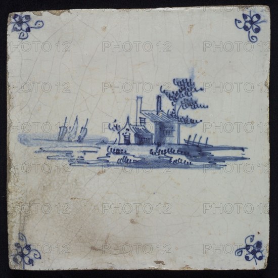 Scene tile, landscape tile with house, blue decor on white ground, corner fill spider, wall tile tile sculpture ceramic