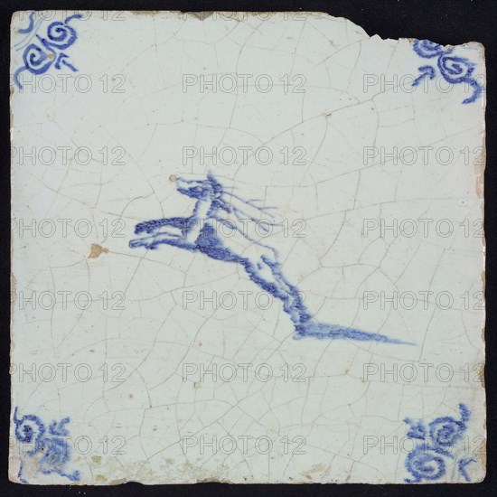 Animal tile with jumping deer, blue decor on white ground, corner filler ox head, wall tile tile sculpture ceramic earthenware