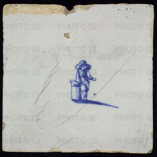 MA, Figure tile, small portrait, blue decor on white ground, no corner fill, marked, wall tile tile sculpture ceramic