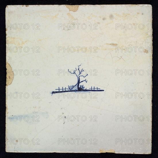 IW, Scene tile, small leafless tree, blue decor on white ground, no corner filling, marked, wall tile tile material ceramic